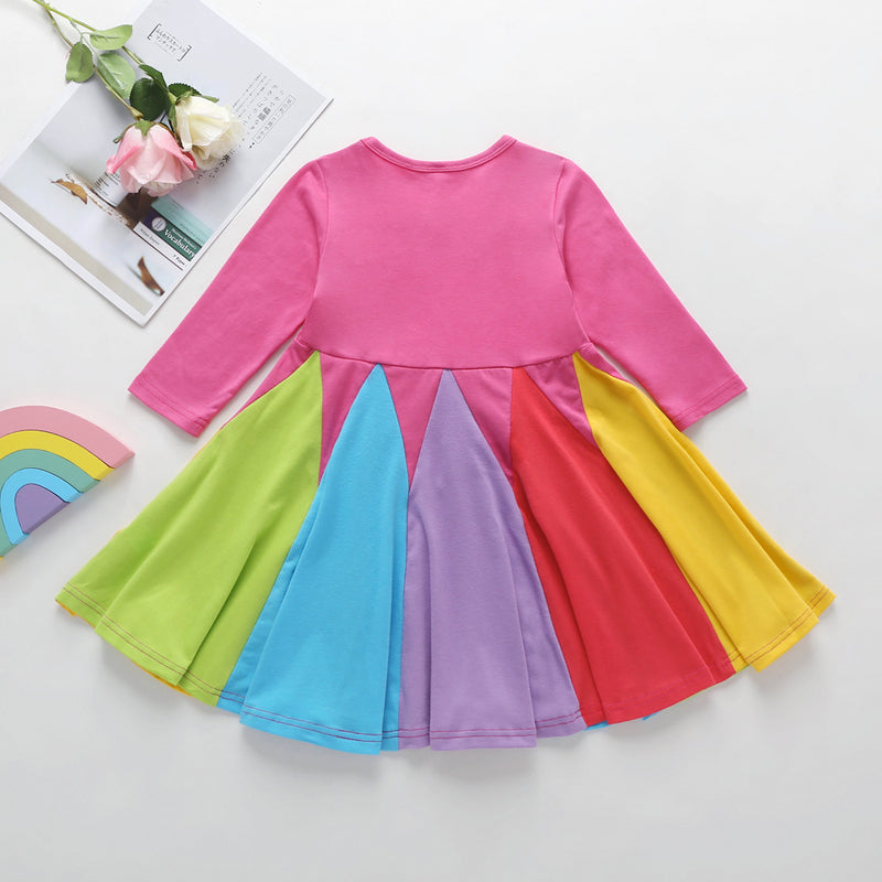 Girl Dress Autumn and Winter Long Sleeve round Neck Multicolor Rainbow Princess Dress