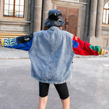 Denim Clothing for Women Spring Loose Color Matching Long Sleeve Cartoon Splicing Coat Patchwork Women Denim Jacket