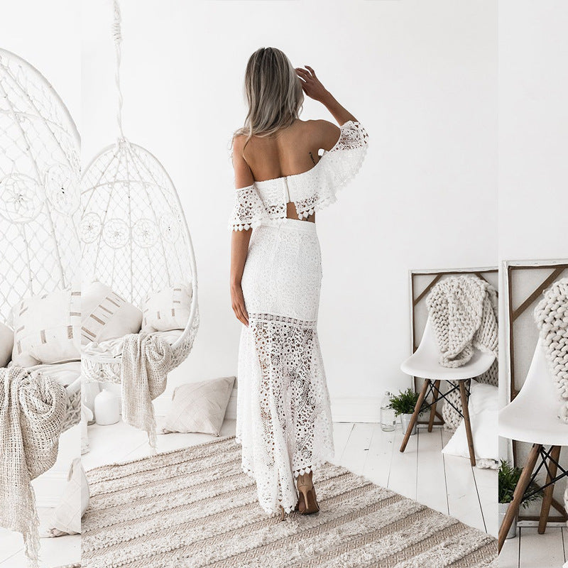 Women Lace Wedding Dress Beach Dress Tube Top Backless Two-Piece Set