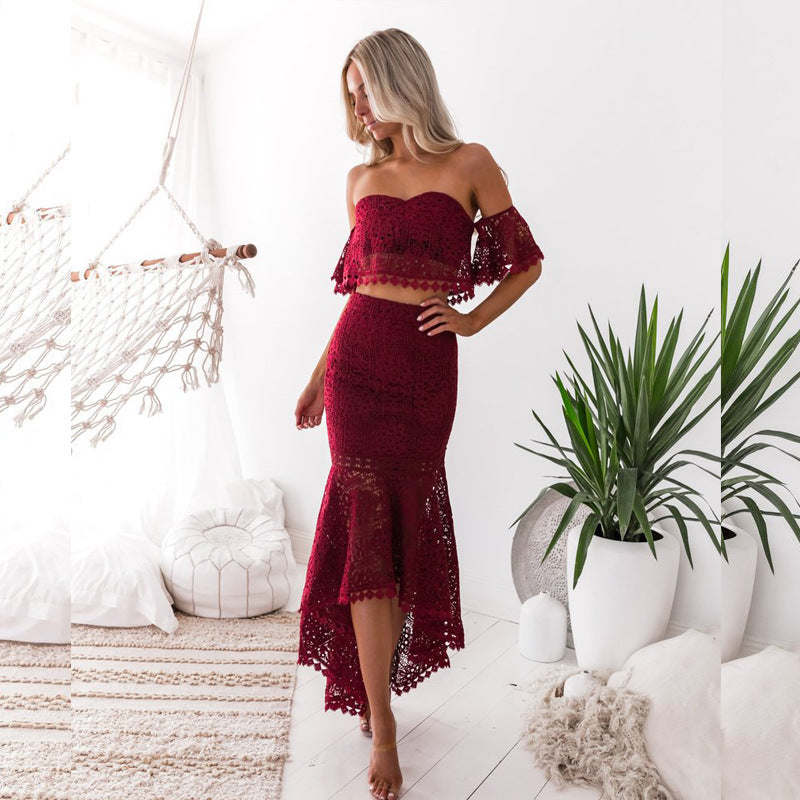 Women Lace Wedding Dress Beach Dress Tube Top Backless Two-Piece Set