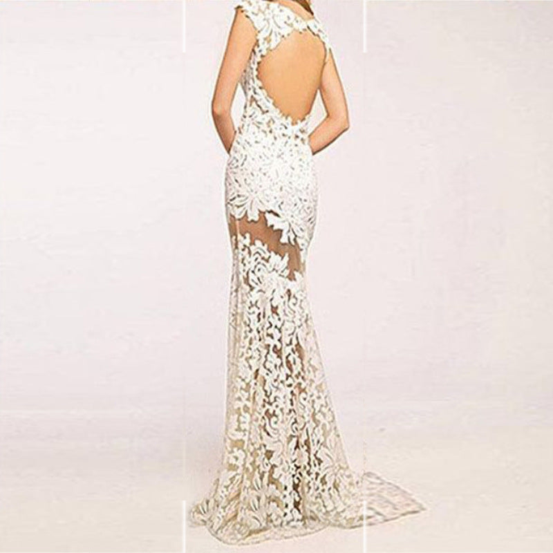 Women Lace Wedding Dress Sexy Lace Hollow Sleeveless Formal Dress
