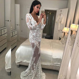 See through Wedding Dress V-neck Lace See-through Dress Long Dress