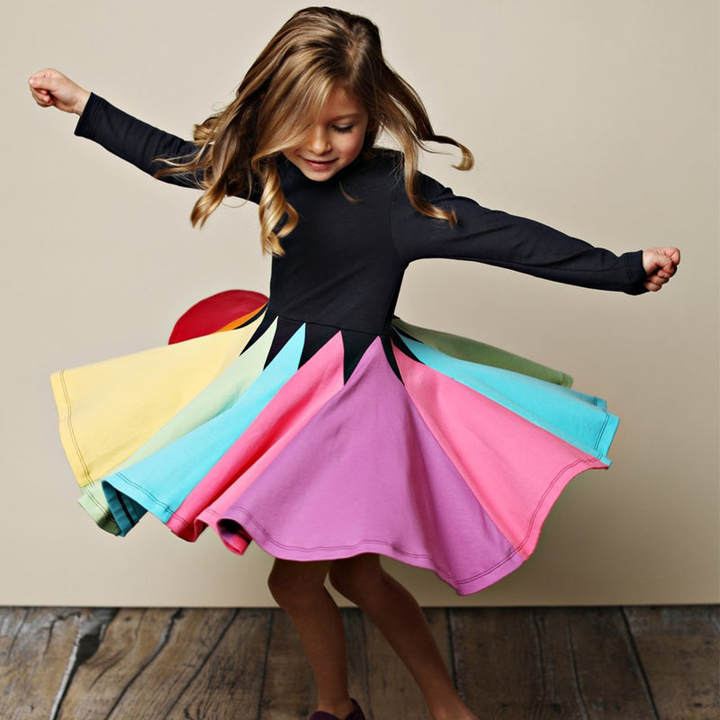 Girl Dress Autumn and Winter Long Sleeve round Neck Multicolor Rainbow Princess Dress