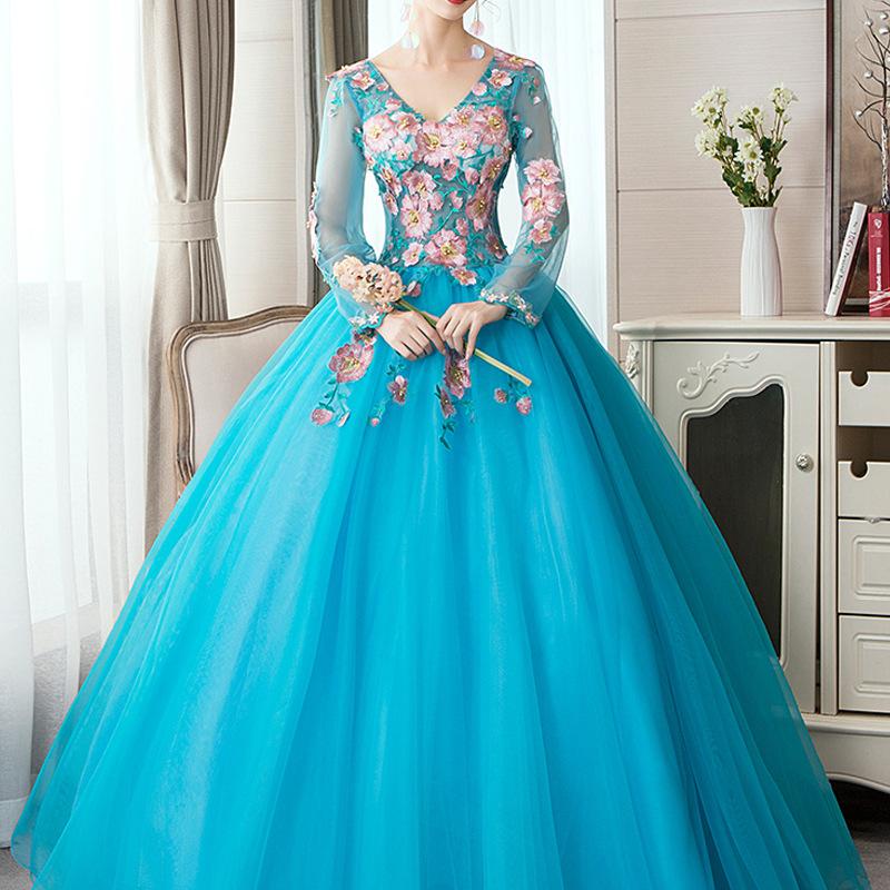 Women's Evening Dress Ball Gown Princess Quinceanera Performance Costume Plus Size Long Sleeve
