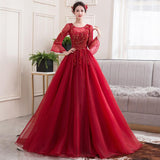 Women's Evening Dress Ball Gown Princess Quinceanera Wedding Dresses Performance Tulle Tutu Dress Fashion Long-Sleeved Red Toast Clothing