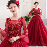 Women's Evening Dress Ball Gown Princess Quinceanera Wedding Dresses Performance Tulle Tutu Dress Fashion Long-Sleeved Red Toast Clothing