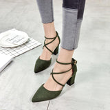 Hot Pink Heels Spring Sandals Chunky Heel Suede High Heels Pointed Toe Shallow Mouth Mid Heel Strap Roman Style Shoes