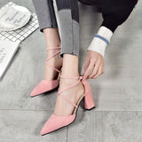 Hot Pink Heels Spring Sandals Chunky Heel Suede High Heels Pointed Toe Shallow Mouth Mid Heel Strap Roman Style Shoes