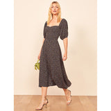 Milkmaid Dress Retro Square Collar Midaxi Polka Dot Floral Puff Sleeve Dresses