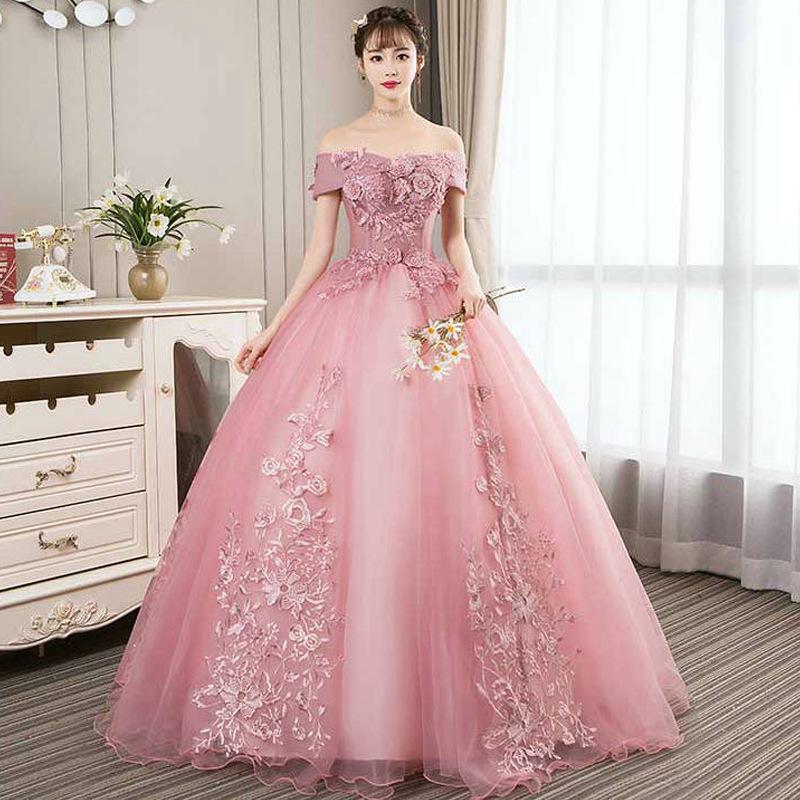 Women's Evening Dress Ball Gown Princess Quinceanera Wedding Dresses Lake Blue Off-Shoulder Evening Gown Pettiskirt