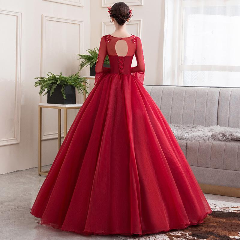 Women's Evening Dress Ball Gown Princess Quinceanera Wedding Dresses Performance Tulle Tutu Dress Fashion Long-Sleeved Red Toast Clothing