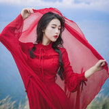 Spring and Summer Chiffon Long-Sleeved Dress Retro Long Dress Red Bohemia Retro Vintage Cottagecore Aesthetic Flowy Victoria Cottage Core Boho Dress