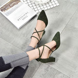 Hot Pink Heels Spring Sandals Chunky Heel Suede High Heels Pointed Toe Shallow Mouth Mid Heel Strap Roman Style Shoes