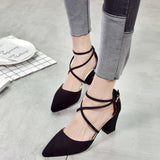 Hot Pink Heels Spring Sandals Chunky Heel Suede High Heels Pointed Toe Shallow Mouth Mid Heel Strap Roman Style Shoes