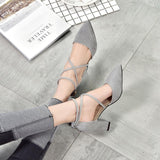 Hot Pink Heels Spring Sandals Chunky Heel Suede High Heels Pointed Toe Shallow Mouth Mid Heel Strap Roman Style Shoes