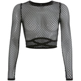 Women Rave Outfits Tops Black Sheer Long Sleeve T-shirt Sexy Short Round Neck