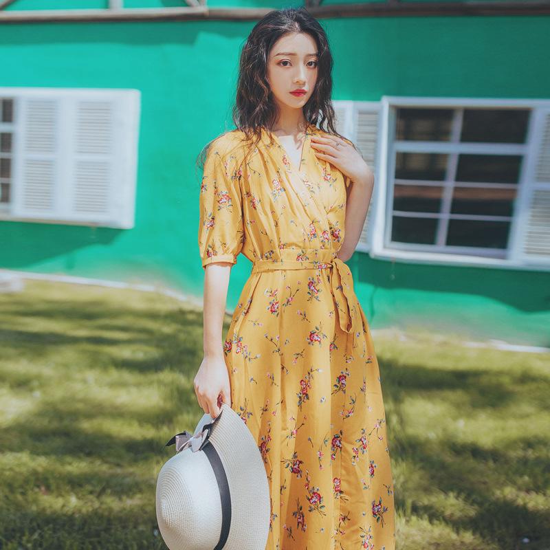 Retro Yellow Printings Dress Tight Waist Floral Skirt Bohemia Retro Vintage Cottagecore Aesthetic Flowy Victoria cottage core boho Dress