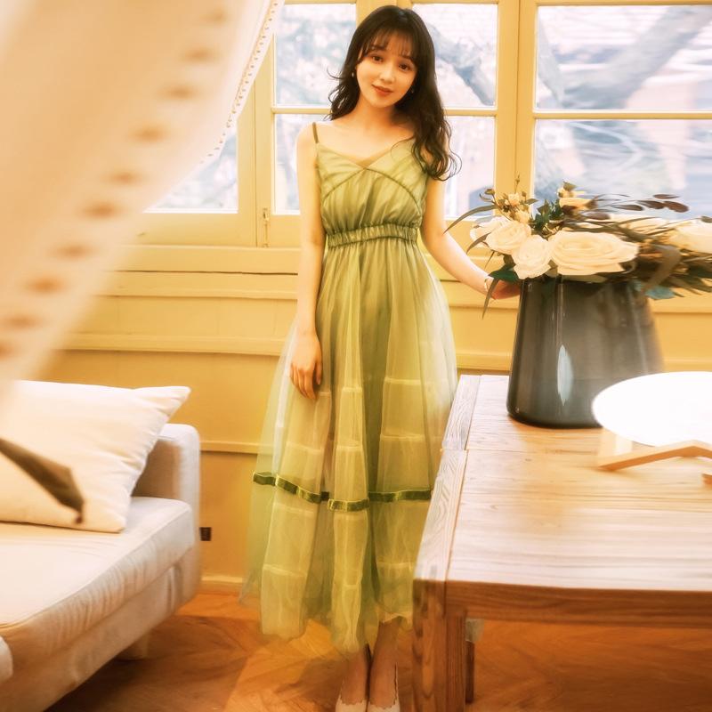 Bohemian Travel Holiday Dress Summer Green Suspender Skirt  Bohemia Retro Vintage Cottagecore Aesthetic Flowy Victoria Cottage Core Boho Dress