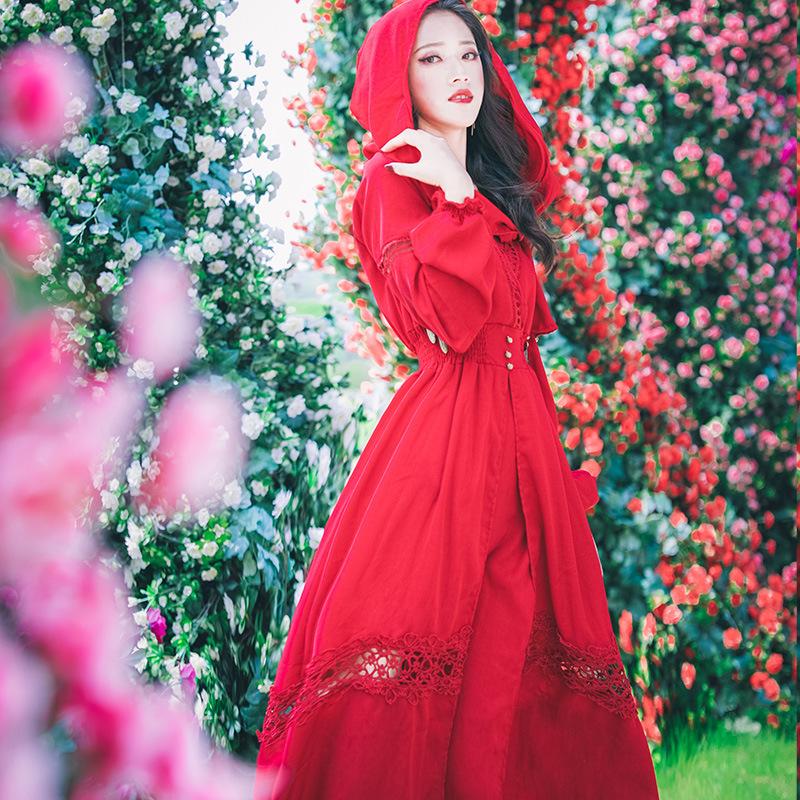 Red Retro Dress Spring and Summer Long Dress Red Bohemia Retro Vintage Cottagecore Aesthetic Flowy Victoria Cottage Core Boho Dress