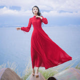 Spring and Summer Chiffon Long-Sleeved Dress Retro Long Dress Red Bohemia Retro Vintage Cottagecore Aesthetic Flowy Victoria Cottage Core Boho Dress