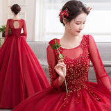 Women's Evening Dress Ball Gown Princess Quinceanera Wedding Dresses Performance Tulle Tutu Dress Fashion Long-Sleeved Red Toast Clothing