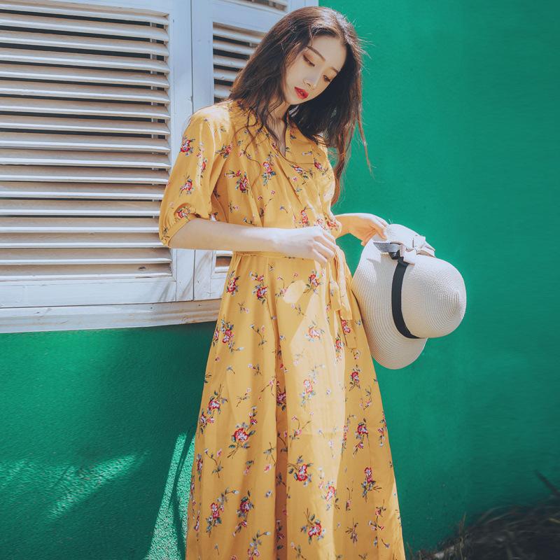 Retro Yellow Printings Dress Tight Waist Floral Skirt Bohemia Retro Vintage Cottagecore Aesthetic Flowy Victoria cottage core boho Dress