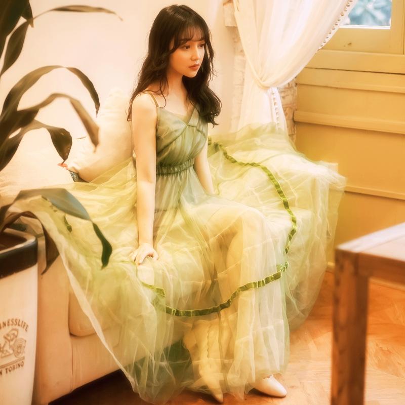 Bohemian Travel Holiday Dress Summer Green Suspender Skirt  Bohemia Retro Vintage Cottagecore Aesthetic Flowy Victoria Cottage Core Boho Dress