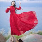 Spring and Summer Chiffon Long-Sleeved Dress Retro Long Dress Red Bohemia Retro Vintage Cottagecore Aesthetic Flowy Victoria Cottage Core Boho Dress