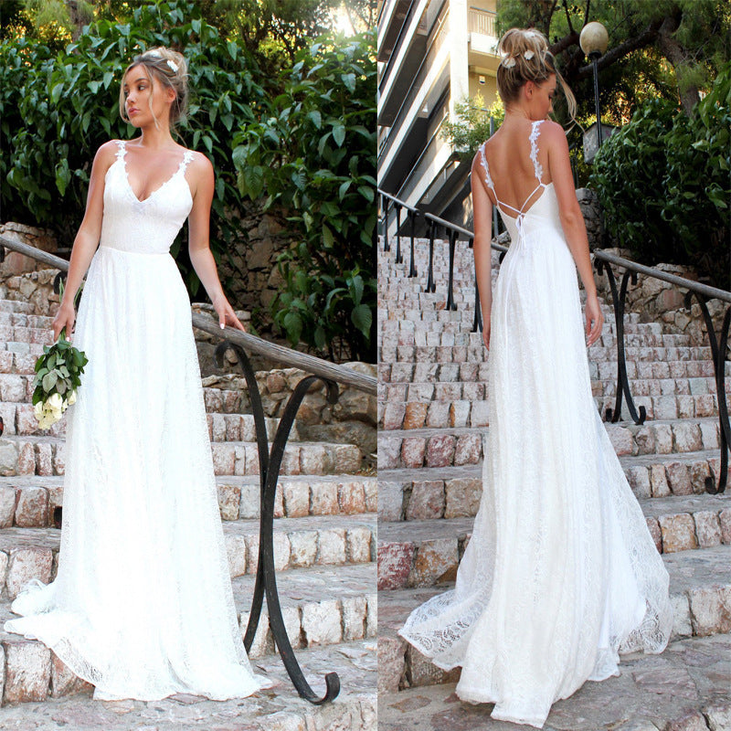 Women Lace Wedding Dress Sexy V-neck Strap Dress Formal Dress