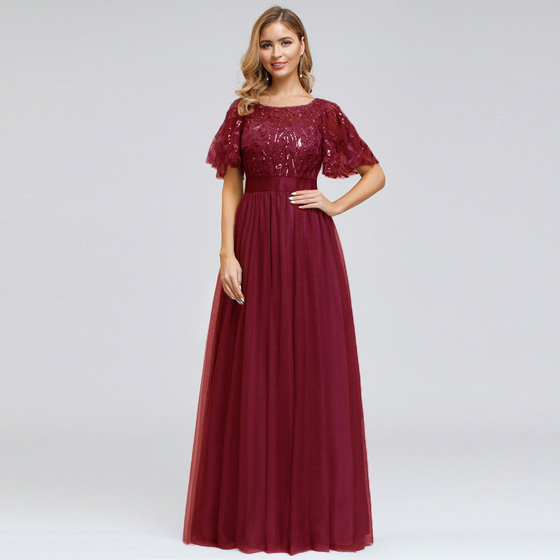 Burgundy Dresses For Wedding Mesh Stitching Evening Dress Banquet Trailing Long Dress Performance Costume Evening Dress Women