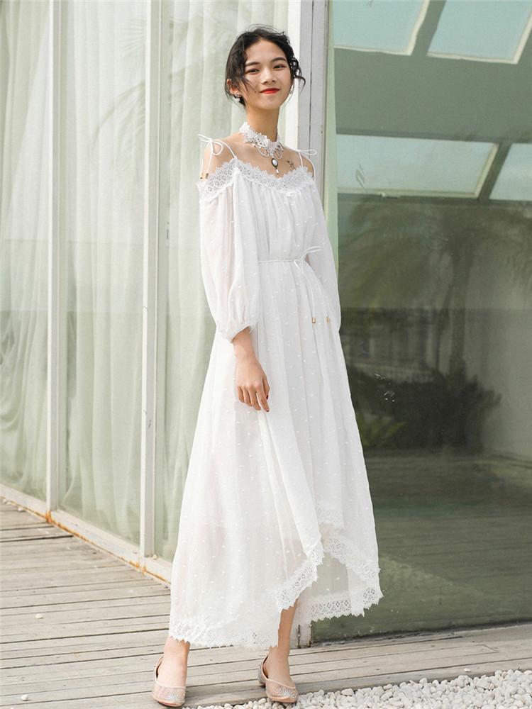 Spring Embroidery Suspender Dress White Lace Irregular Long Dress  Bohemia Retro Vintage Cottagecore Aesthetic Flowy Victoria Cottage Core Boho Dress