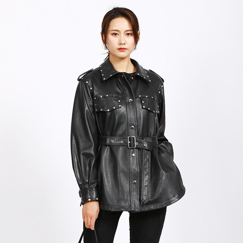 Leather Biker Coat Golden Leather Jacket Women Pu Jackets Spring Sheepskin Baggy Coat