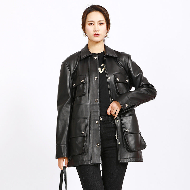 Leather Biker Coat Golden Leather Jacket Women Pu Jackets Spring Leather Coat