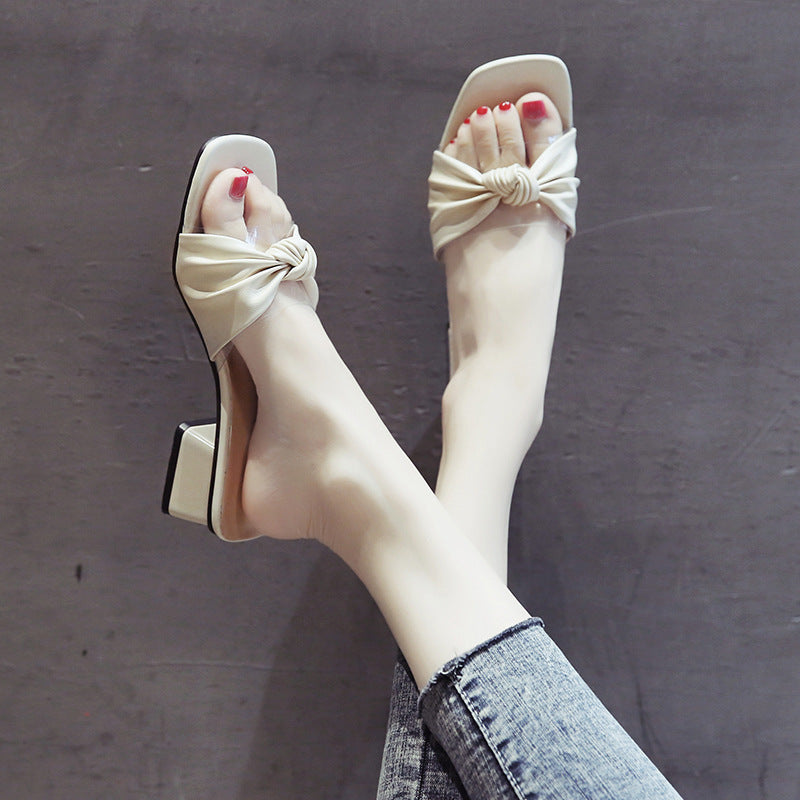 Nude Strappy Block Heels Casual Slippers