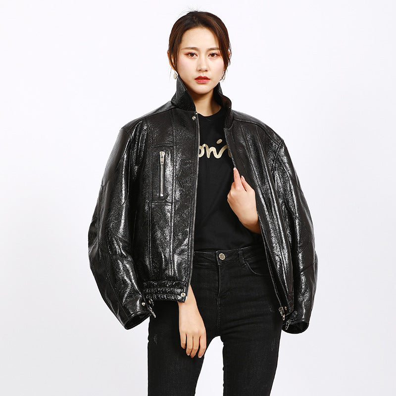Leather Biker Coat Golden Leather Jacket Women Pu Jackets Spring Genuine Leather Jacket Baggy Coat