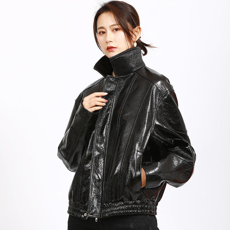 Leather Biker Coat Golden Leather Jacket Women Pu Jackets Spring Genuine Leather Jacket Baggy Coat