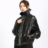 Leather Biker Coat Golden Leather Jacket Women Pu Jackets Spring Genuine Leather Jacket Baggy Coat