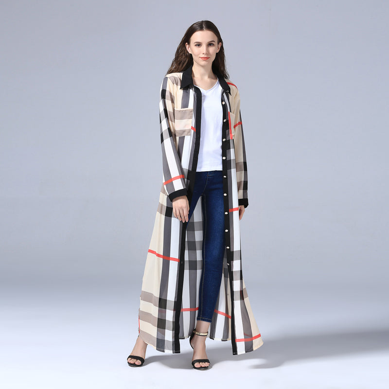 Muslim Women Stylish Kashibo Abaya Muslim Ladies Long Gown Islamic Clothing Jilbab Jalabiya Fashion Long Sleeve Plaid Button Dress