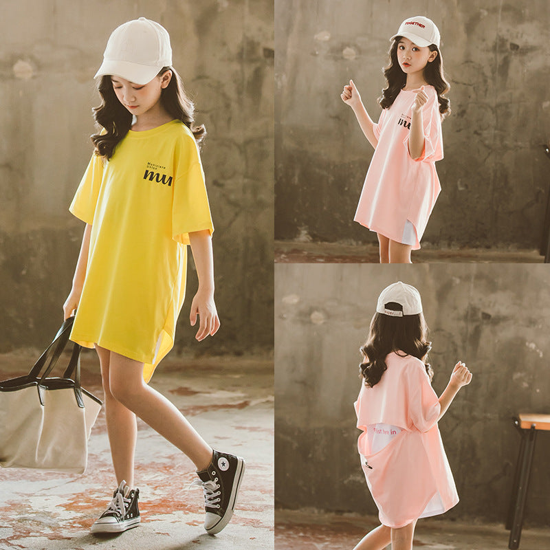 Summer Short Sleeve Fake Two Pieces Girls' Mid-Length Girl T Shirts