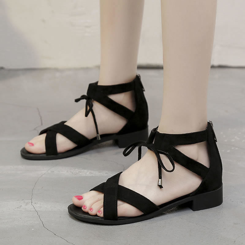 Nude Block Heel Peep Toe Flat Sandals Roman Shoes