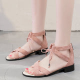 Nude Block Heel Peep Toe Flat Sandals Roman Shoes