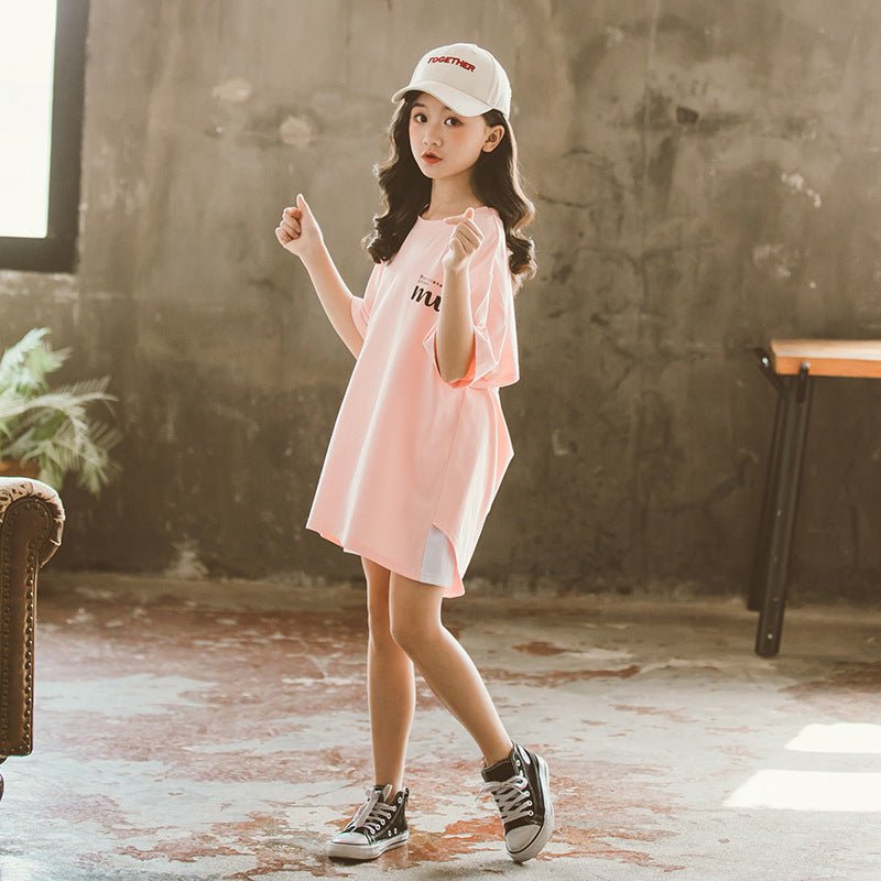 Summer Short Sleeve Fake Two Pieces Girls' Mid-Length Girl T Shirts