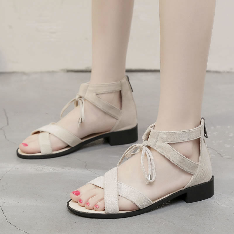 Nude Block Heel Peep Toe Flat Sandals Roman Shoes