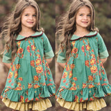 Children Girl Summer Dress Vintage Printing Lapel Dress Half Sleeve