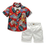 Children Boy Co Ord 2 Piece Set Summer Printed Shirt White Shorts Two-Piece Set