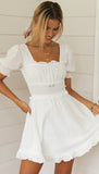 Milkmaid Dress Square Collar Puff Sleeve Lace-up Backless Smocked Waist Collect Skater Midi Dress