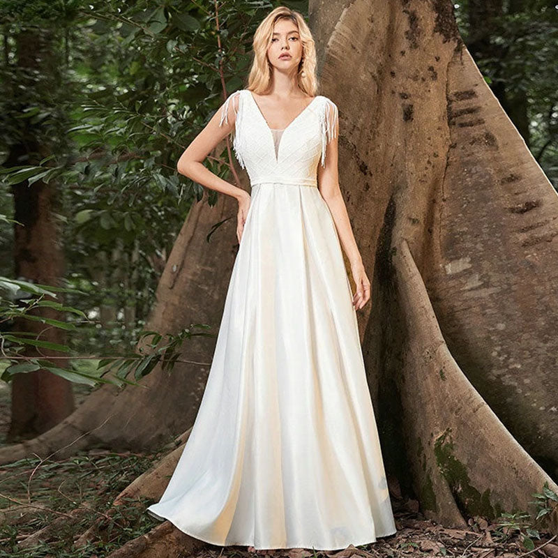 Bohemian Chic Wedding Guest Dress Sexy Deep V Belt Sequined Dress Elegant Evening Dress