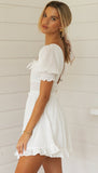 Milkmaid Dress Square Collar Puff Sleeve Lace-up Backless Smocked Waist Collect Skater Midi Dress
