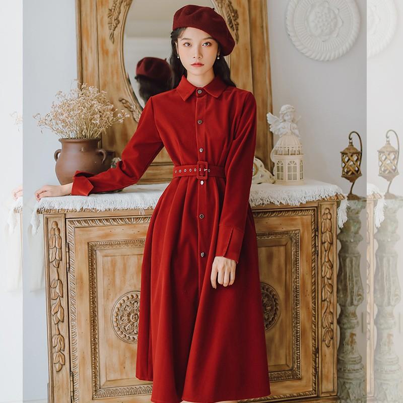 Spring Retro Lace Up Mid-Length Dress Cottagecore Academia Fashion Dresses