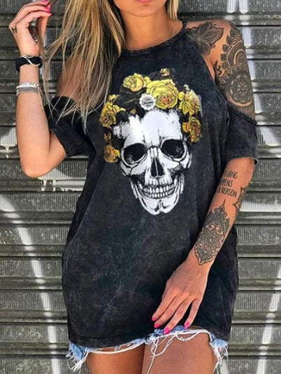Skull Dress Loose off-Shoulder Skull Print T-shirt